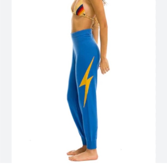 Aviator Nation Bolt Sweatpants Hand Sewn Blue Cinched Ankle Trendy Comfy Sz L - Picture 2 of 15